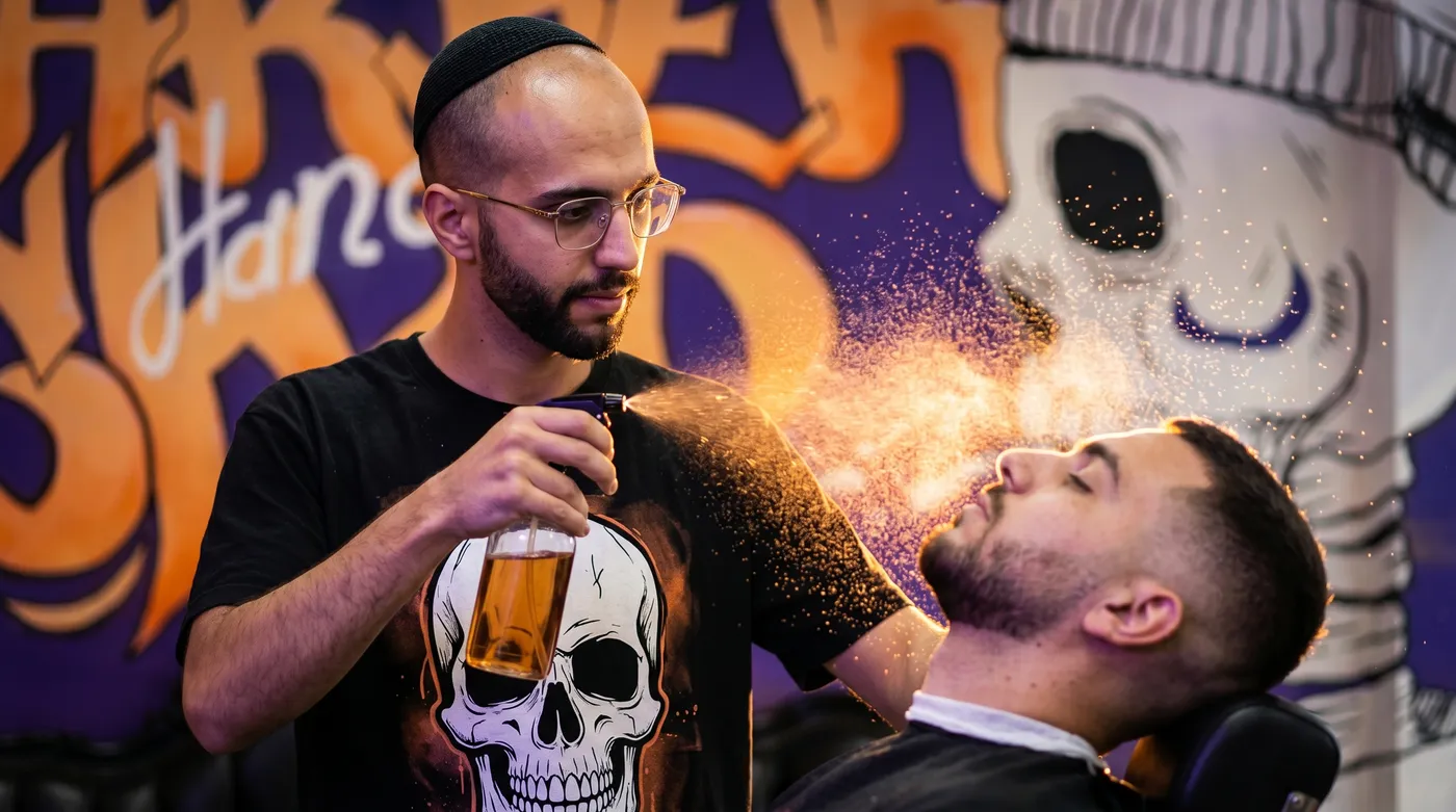 ספר מרענן זקן של לקוח בתרסיס טוניק — חוויית טיפוח הזקן בחנדיס ברברשופ רמת גן