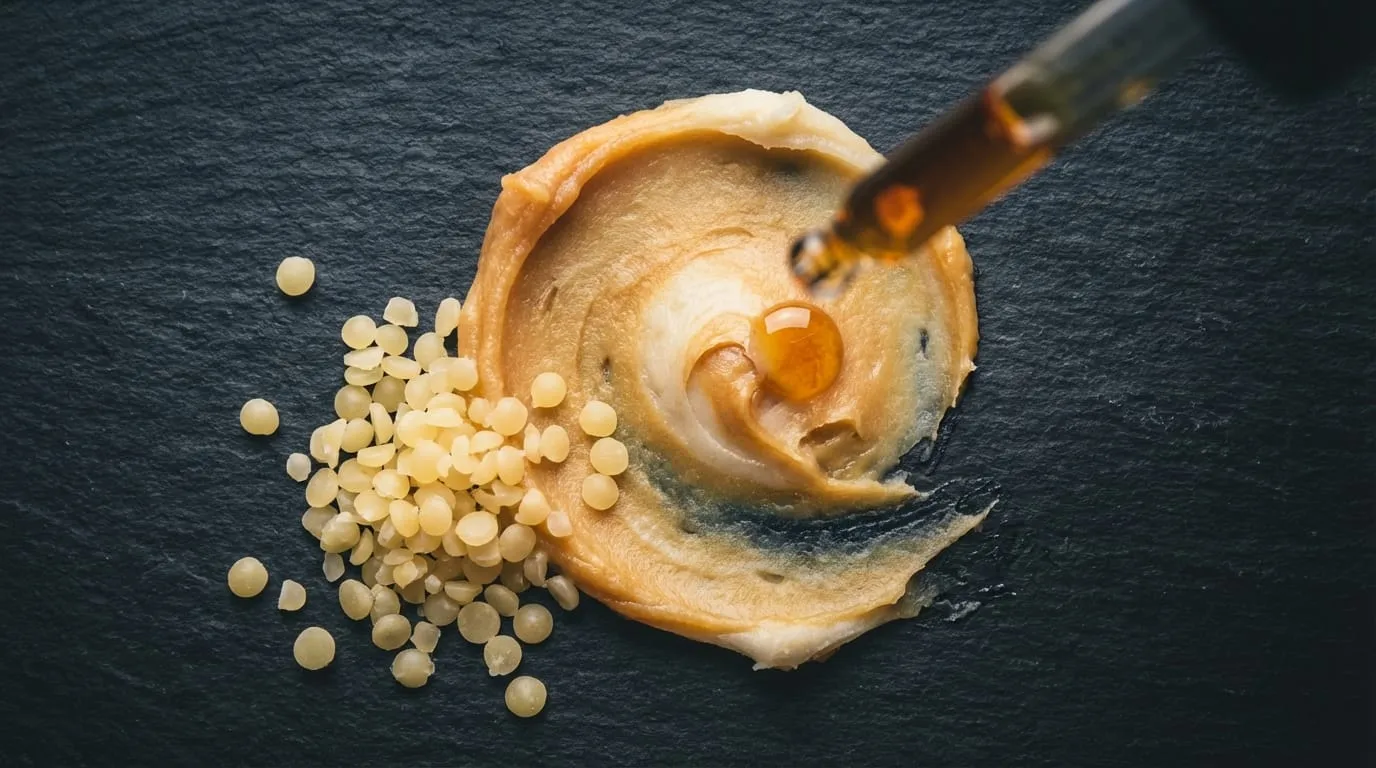 תקריב של רכיבים טבעיים כמו חמאת שיאה, דונג דבורים ושמנים אתריים המשמשים בבלסם לזקן